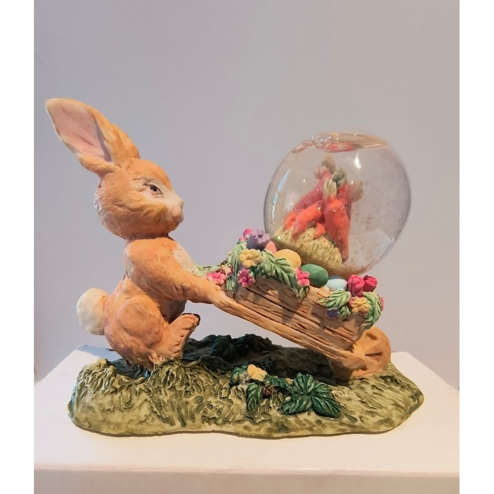 Vintage Easter Bunny Rabbit with Flower Wheelbarrow‎ Carrot Snow Globe Figurine